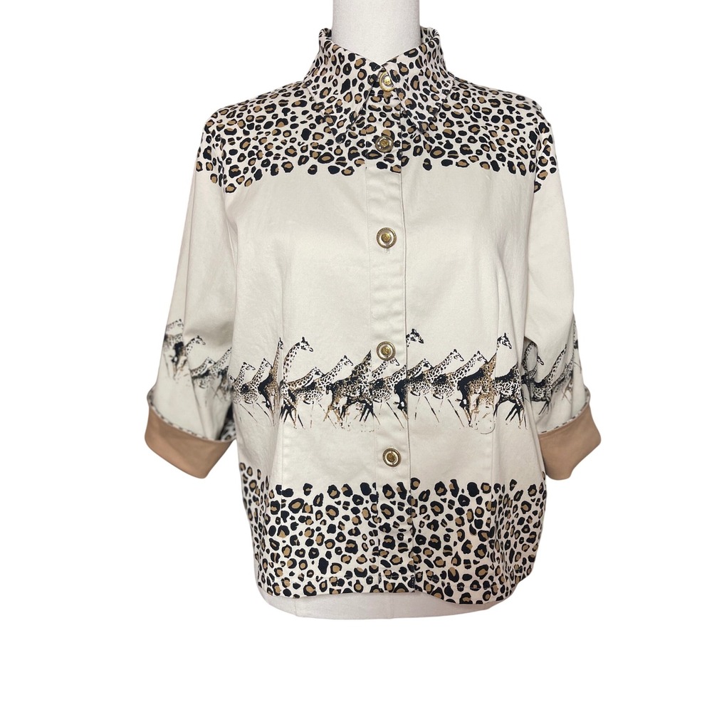 Safari Giraffe Print Button Up Blouse Animal Print Shirt Neutral Statement Top L
